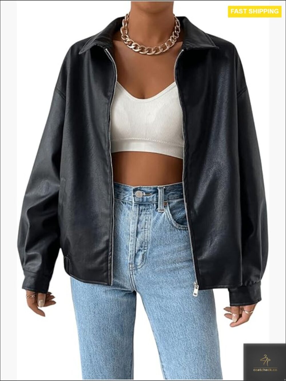 Faux Leather Shacket Long Sleeve Zip Up Motorcycle Jacket Casual Oversized